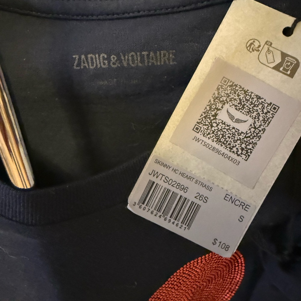 NWT Zadig and Voltaire Navy Blue/Red Embellishments Heart GraphicTop Small - Picture 3 of 6